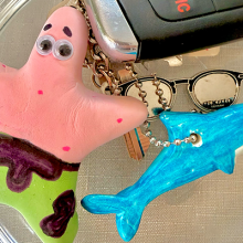 Photo of two sea creatures made from clay and painted.  