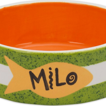 Photo of a pet bowl with the word "Milo".