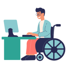 A man in wheelchair using a computer