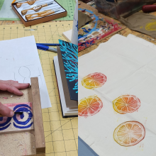 Photo of woodcut prints being made.