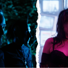 The image shows the duo Bragolin on the left (two figures in a dark wooded area illuminated by blue light), and Carellee on the right (a female figure illuminated in pink light with stacked televisions behind her).