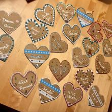 Image of several decorated hearts laying on a table
