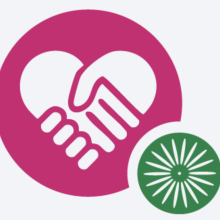 Logo graphic with pink circle and hands making heart shape in center.