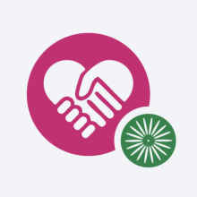 Logo graphic with pink circle and hands making heart shape in center.