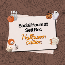 Promo image reading "Social Hours at Sett Rec Halloween Edition" with Halloween and game illustrations.