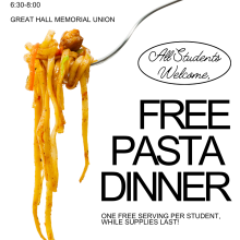 Fork holding spaghetti.  Free Pasta Dinner while supplies last. October 13, 2026, 6:30pm until 8pm.