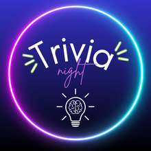 Promotional graphic for "Trivia Night" featuring styled text above a glowing lightbulb with a brain inside, set against a dark blue background framed by a neon cyan and purple glowing circular border.
