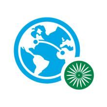 Blue globe with green sunburst sign on the lower right corner