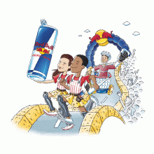 Illustrated Red Bull Chariot Race poster featuring racers in Roman-inspired costumes, a Red Bull can, and event details for Saturday, October 17, on Langdon Street