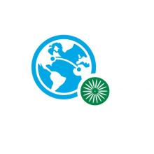 Blue globe with green sunburst sign on the lower right corner
