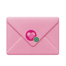 Pink envelope with VAC logo on it of hands making heart shape.