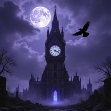 A dark picture with a hue of purple with a white full moon on the top left, a big black bird flying to the right and a haunted looking clock tower in the middle.
