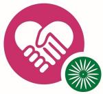logo with illustration of two hands forming a heart on a dark pink background plus a green sunburst chairback image