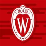 Red and white University crest with dark red streaks in the background.