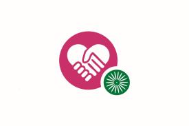 committee logo of heart formed by two clasped hands on a pink circle background